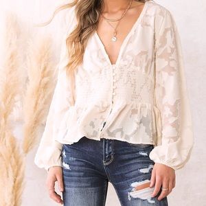 NWT* WILLOW&ROOT SIZE:LARGE PEPLUM BUTTON DOWN BLOUSE CHIFFON CREAM LACE COTTAGE